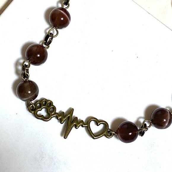 Cute Purple Cat's Eye Bronze Paw Print Heart Beat Adjustable Pendant Choker - Picture 8 of 15